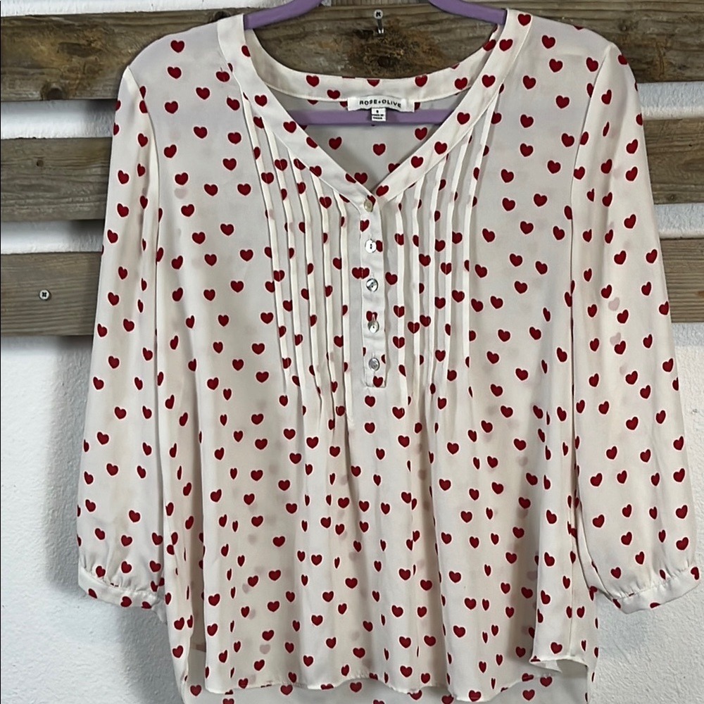 Rose & Olive Women's Heart Print Blouse - Red and White